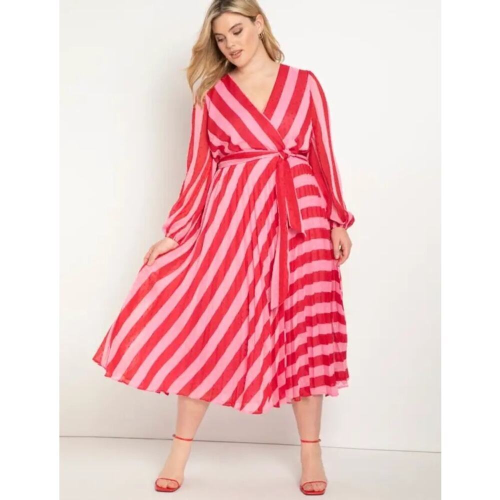 Eloquii Pink Red Stripe Swiss Dot Midi Dress Belted V Neck Size 16